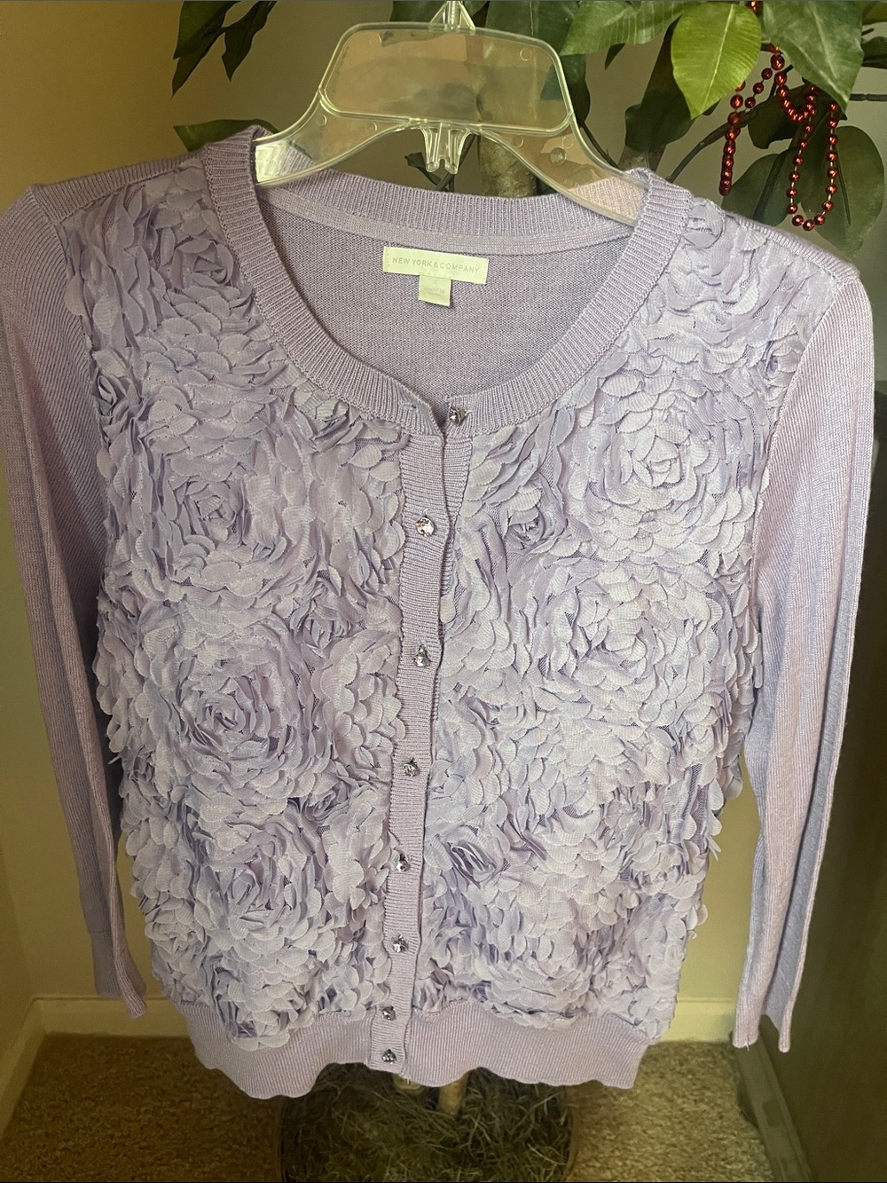New York & Company Light Purple Floral Appliqué Cardigan